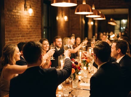 Guests raising champagne glasses in a toast around a candlelit private dining table