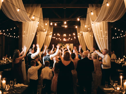 Wedding guests dancing with their arms up under string lights at a reception